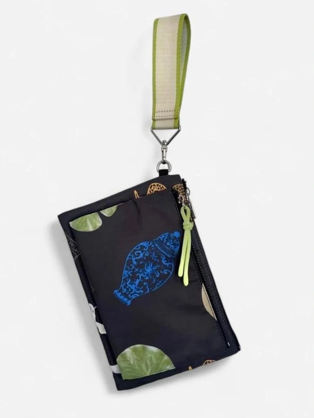 Printed Black Nylon Wristlet Pouch with Lime Accent from Parfois